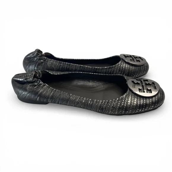TORY BURCH Reva Lizard Metallic Black and Silver Leather Ballet Flats 8.5